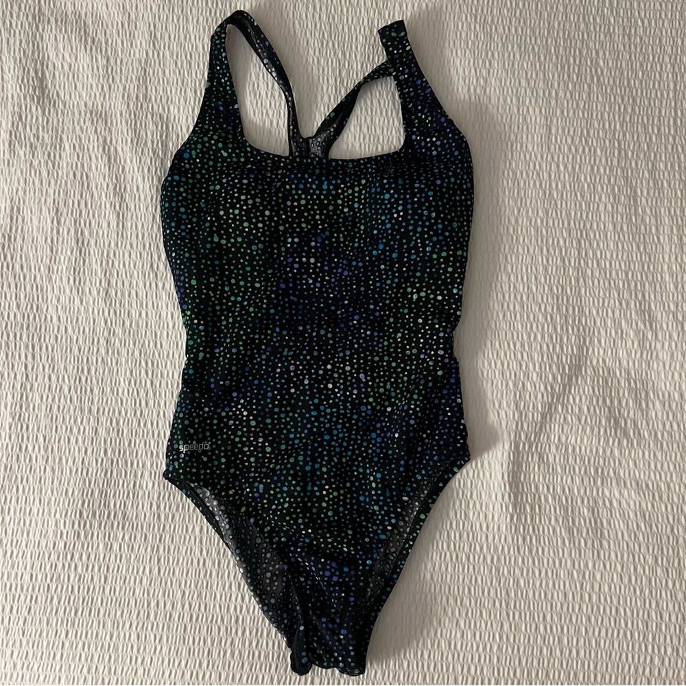Speedo Women’s black polka dot Speedo swim swimsuit one piece 8 EUC